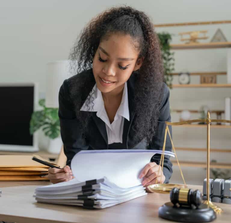 Judge gavel Justice lawyers, Business woman in suit or lawyer working on a documents. Legal law